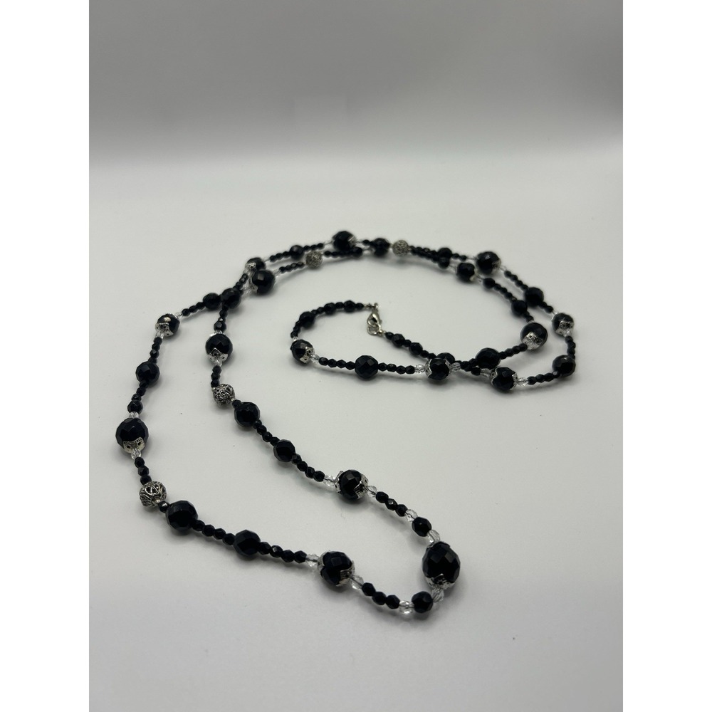 Vintage Black Faceted Beaded Necklace Long Double Strand Silver Tone Accents